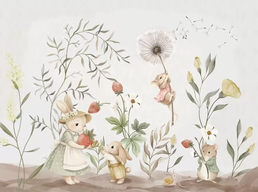 Fototapete Kinderillustration mit einem Hasen und einer Maus zwischen Pflanzen und Blumen w05422