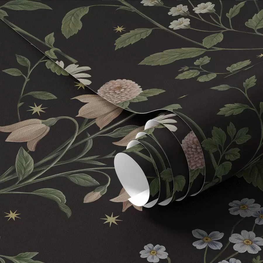 Fototapete Blumenmuster auf schwarzem Hintergrund mit Sternen a01160