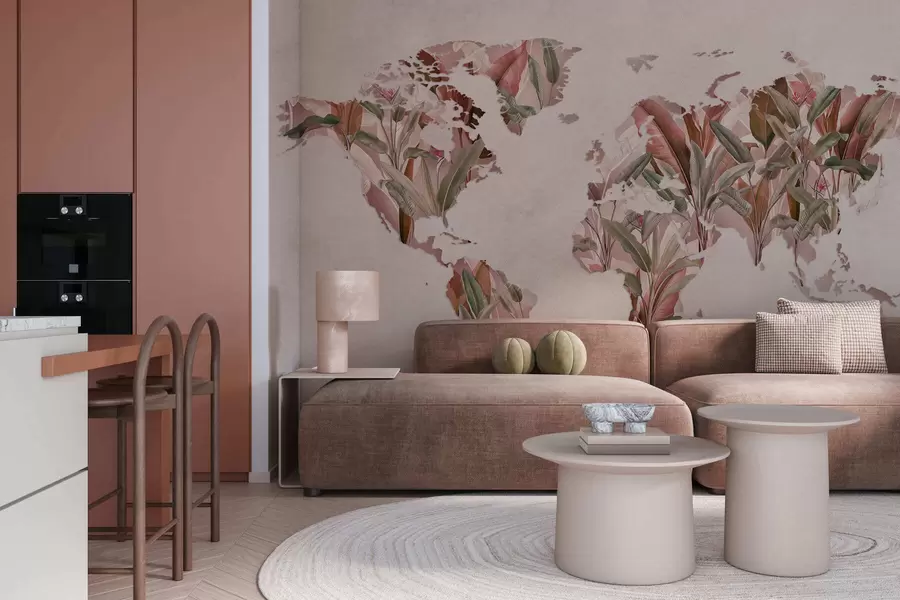 Fototapete Eine rosa Weltkarte aus Bananenblättern c00007v2