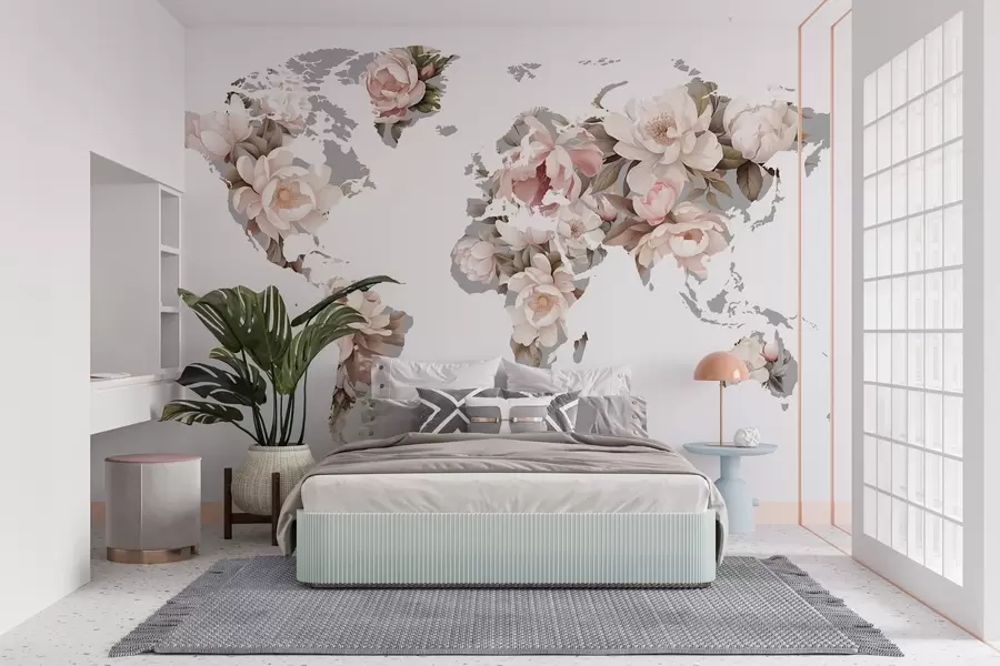 Fototapete Eine zarte, cremige Weltkarte aus Blumen c00008