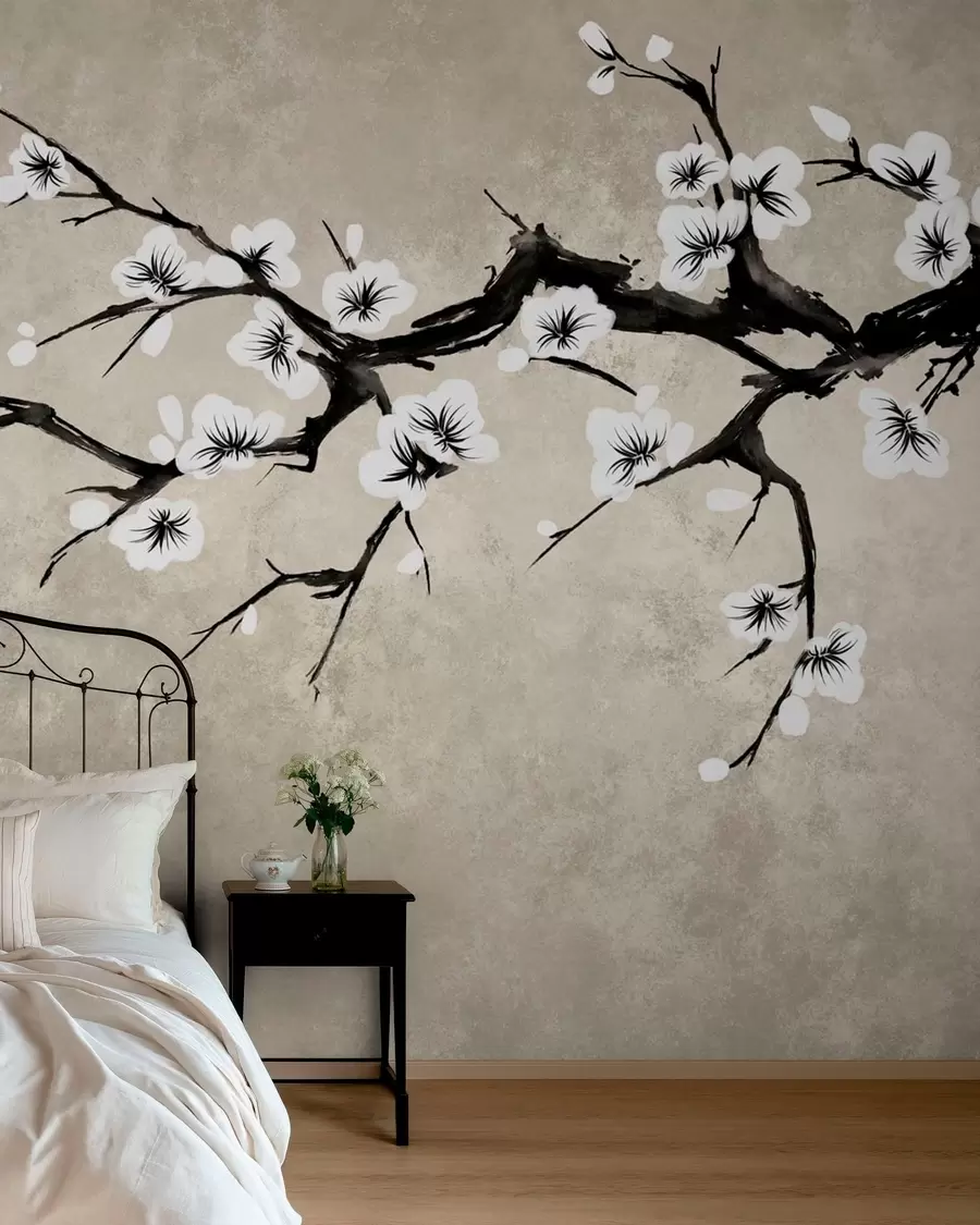 Fototapete Zweig mit weißen Blüten im minimalistischen Stil w05425