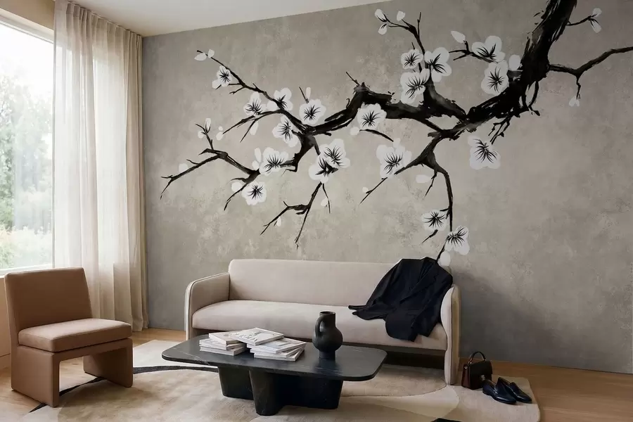 Fototapete Zweig mit weißen Blüten im minimalistischen Stil w05425