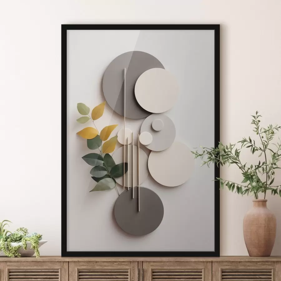 Fototapete Geometrische Kreise mit einem grünen, belaubten Zweig f48598