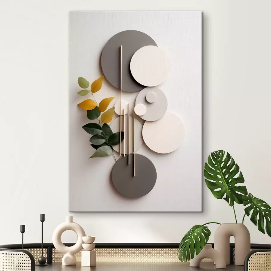 Wandbilder Geometrische Kreise mit einem grünen, belaubten Zweig s48598