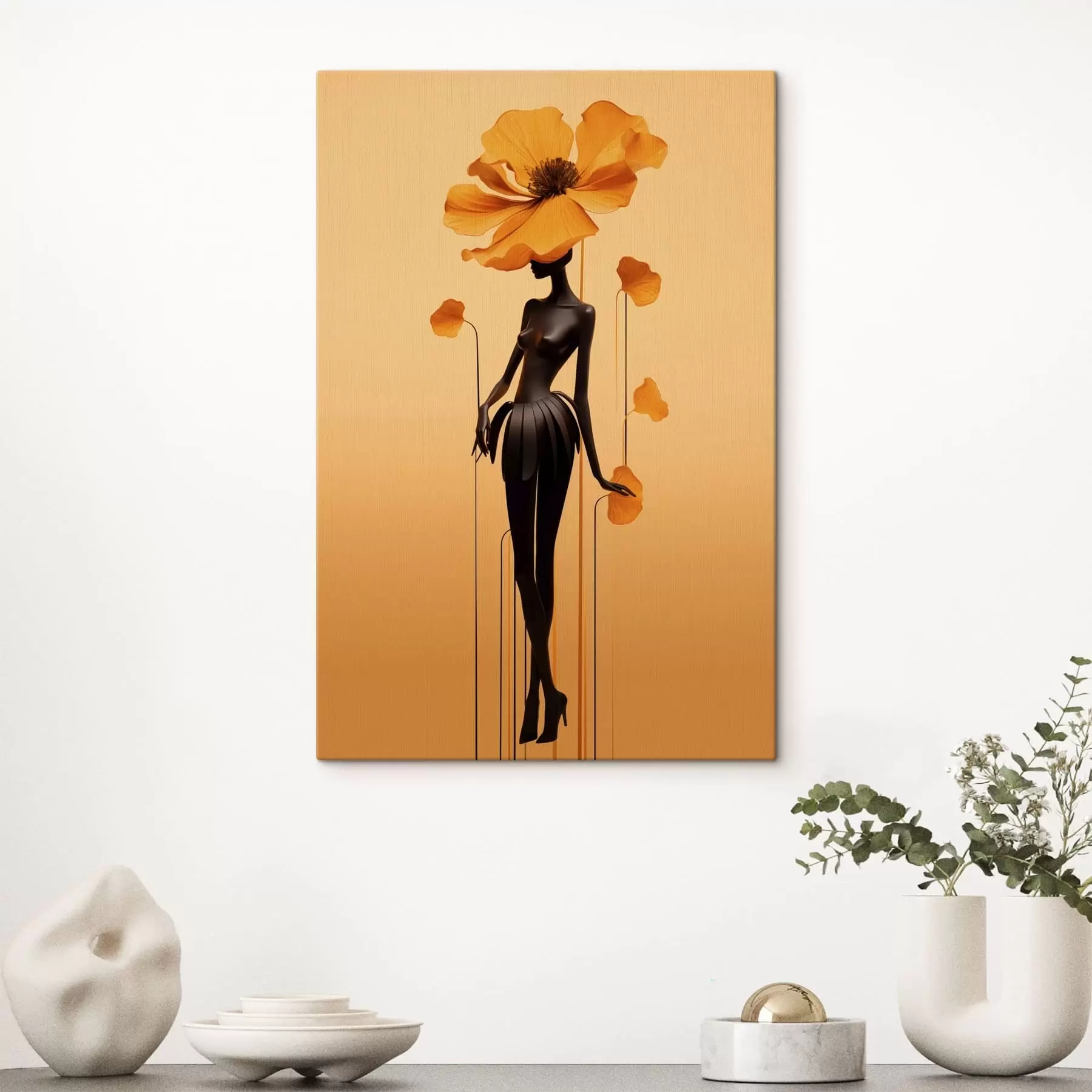Wandbilder Elegante Figur mit Blumen vor einem warmen Farbverlauf s48619