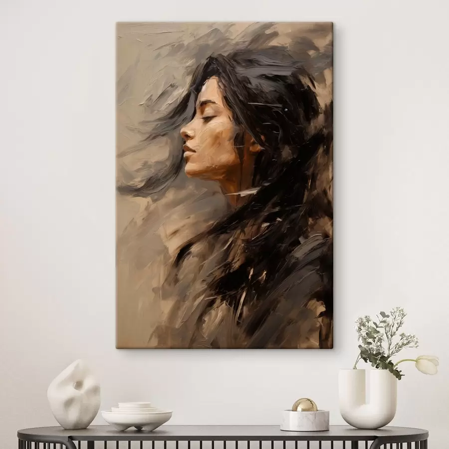 Wandbilder Frauenprofil in malerischen Pinselstrichen, warme Farbtöne s48621
