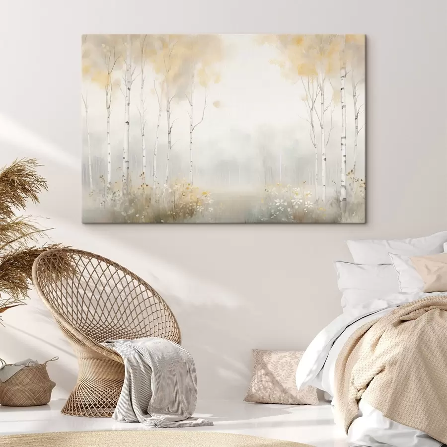 Wandbilder Ein Wald aus schlanken Bäumen im Nebel, sanfte Lichttöne s48623