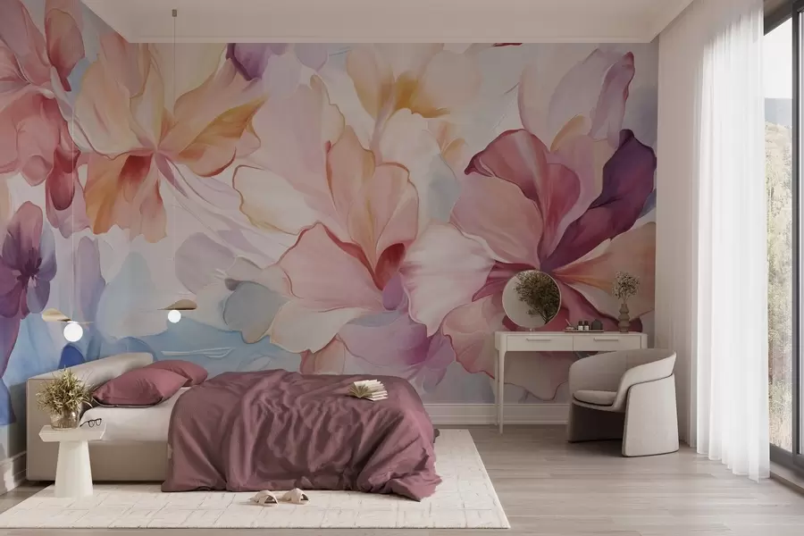 Fototapete Abstrakte Fantasieblumen in Rosa-, Pfirsich- und Lavendeltönen im Malstil, strukturierte Kunst w09767