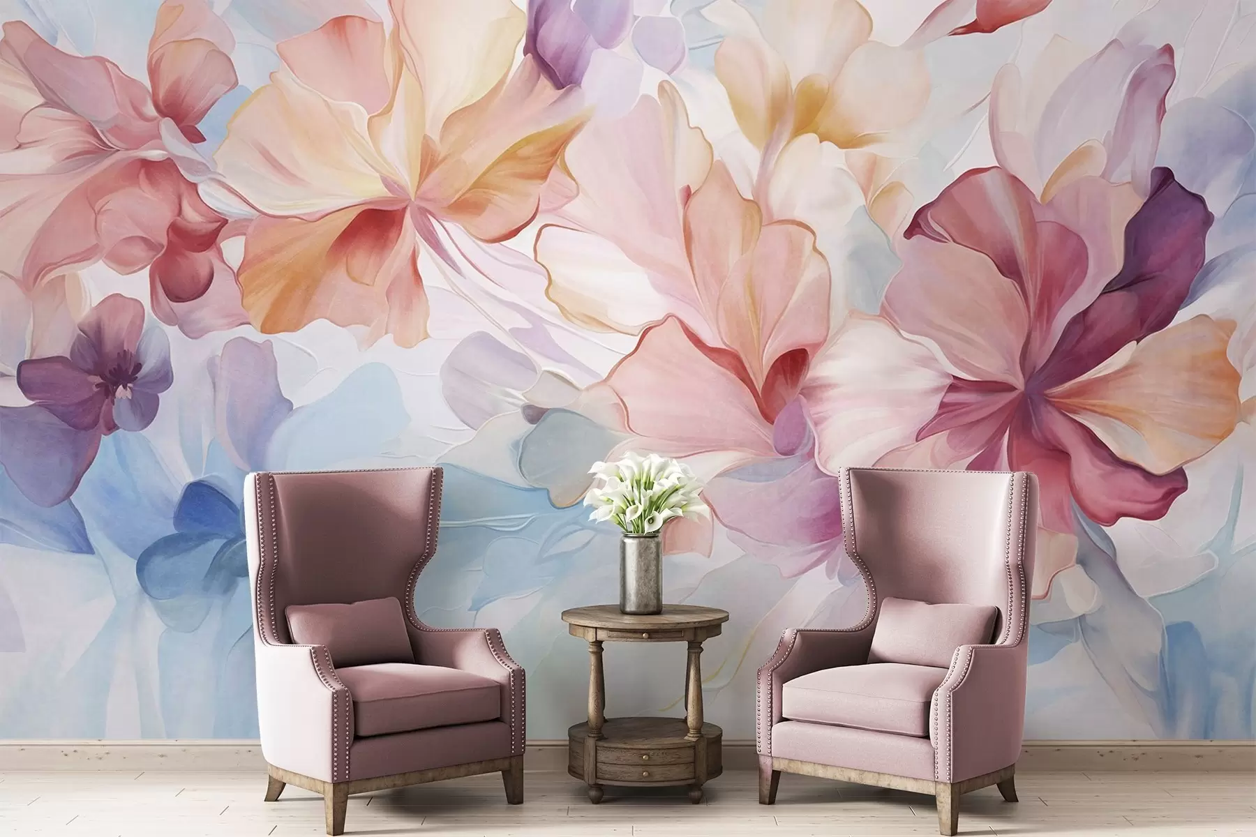 Fototapete Abstrakte Fantasieblumen in Rosa-, Pfirsich- und Lavendeltönen im Malstil, strukturierte Kunst w09767