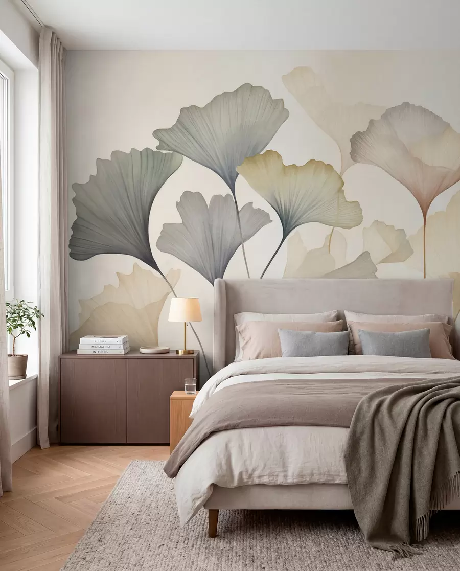 Fototapete Abstrakte Ginkgoblätter in gedeckten Pastelltönen wie Blau, Grün und Pfirsich, strukturierte Kunst w09810
