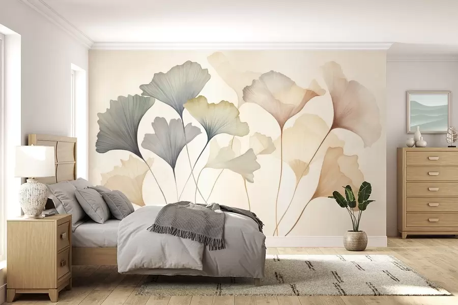 Fototapete Abstrakte Ginkgoblätter in gedeckten Pastelltönen wie Blau, Grün und Pfirsich, strukturierte Kunst w09810