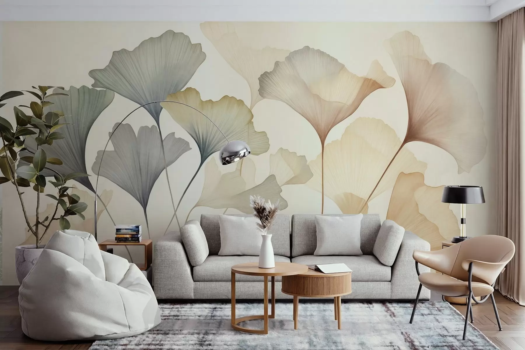 Fototapete Abstrakte Ginkgoblätter in gedeckten Pastelltönen wie Blau, Grün und Pfirsich, strukturierte Kunst w09810