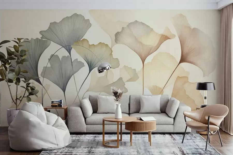 Fototapete Abstrakte Ginkgoblätter in gedeckten Pastelltönen wie Blau, Grün und Pfirsich, strukturierte Kunst w09810