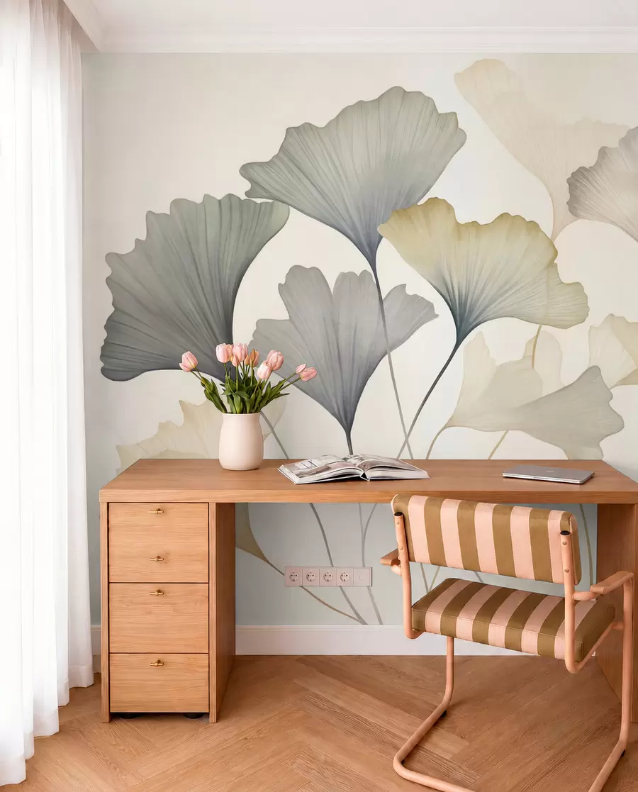 Fototapete Abstrakte Ginkgoblätter in gedeckten Pastelltönen wie Blau, Grün und Pfirsich, strukturierte Kunst w09810