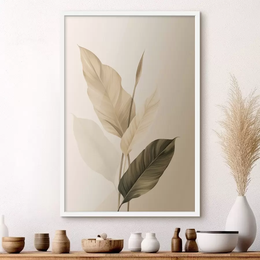 Fototapete Große tropische Blätter in Beige- und Brauntönen, heller Hintergrund f48725