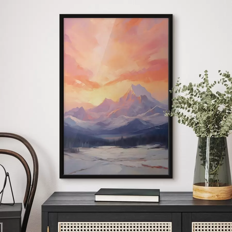 Fototapete Schneebedeckte Berge unter einem leuchtend orange-rosa Himmel mit Wolken f48741