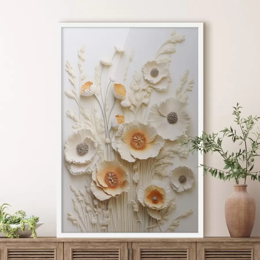 Fototapete Ein Strauß aus cremefarbenen und orangefarbenen Mohnblumen mit getrockneten Weizenhalmen f48747