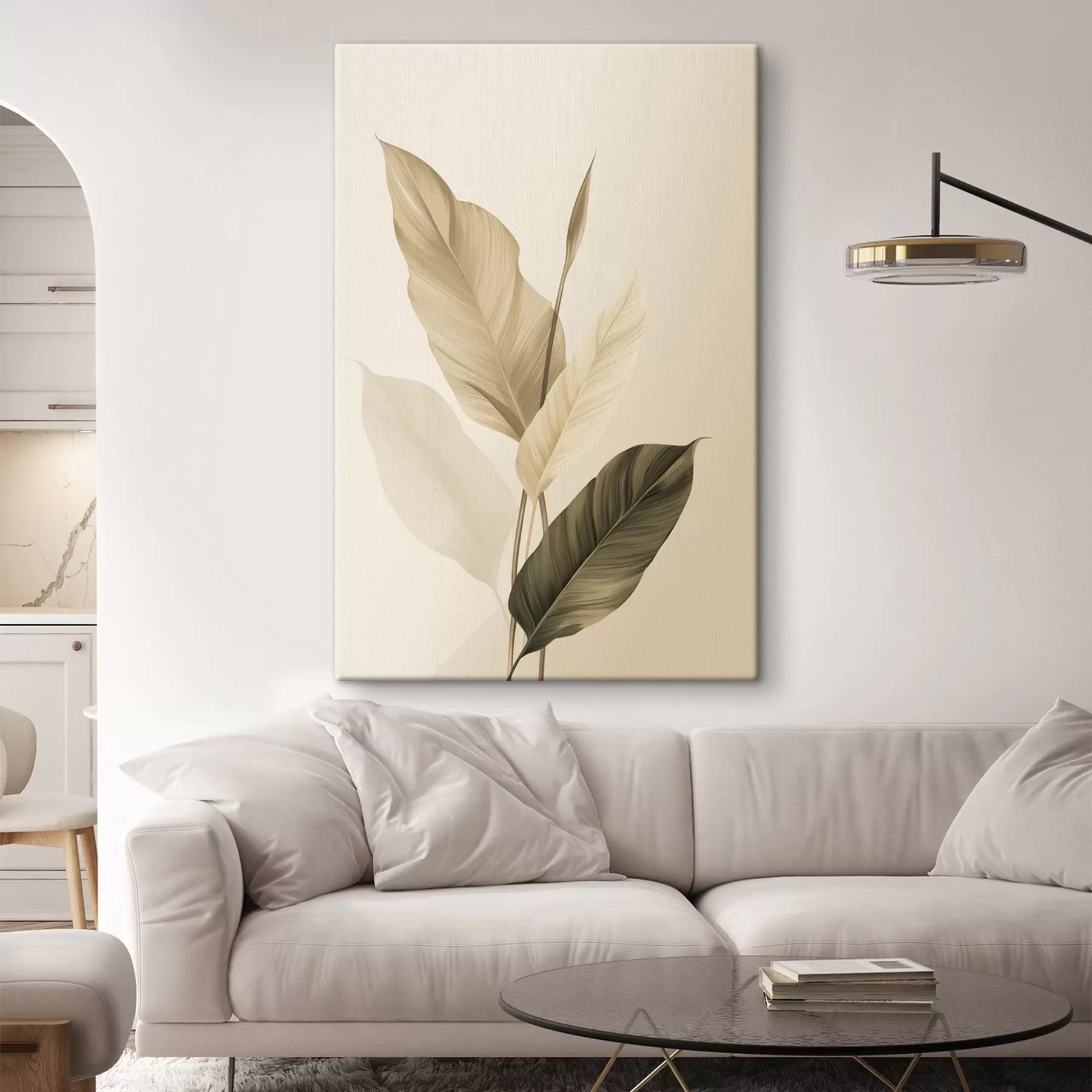 Wandbilder Große tropische Blätter in Beige- und Brauntönen, heller Hintergrund s48725