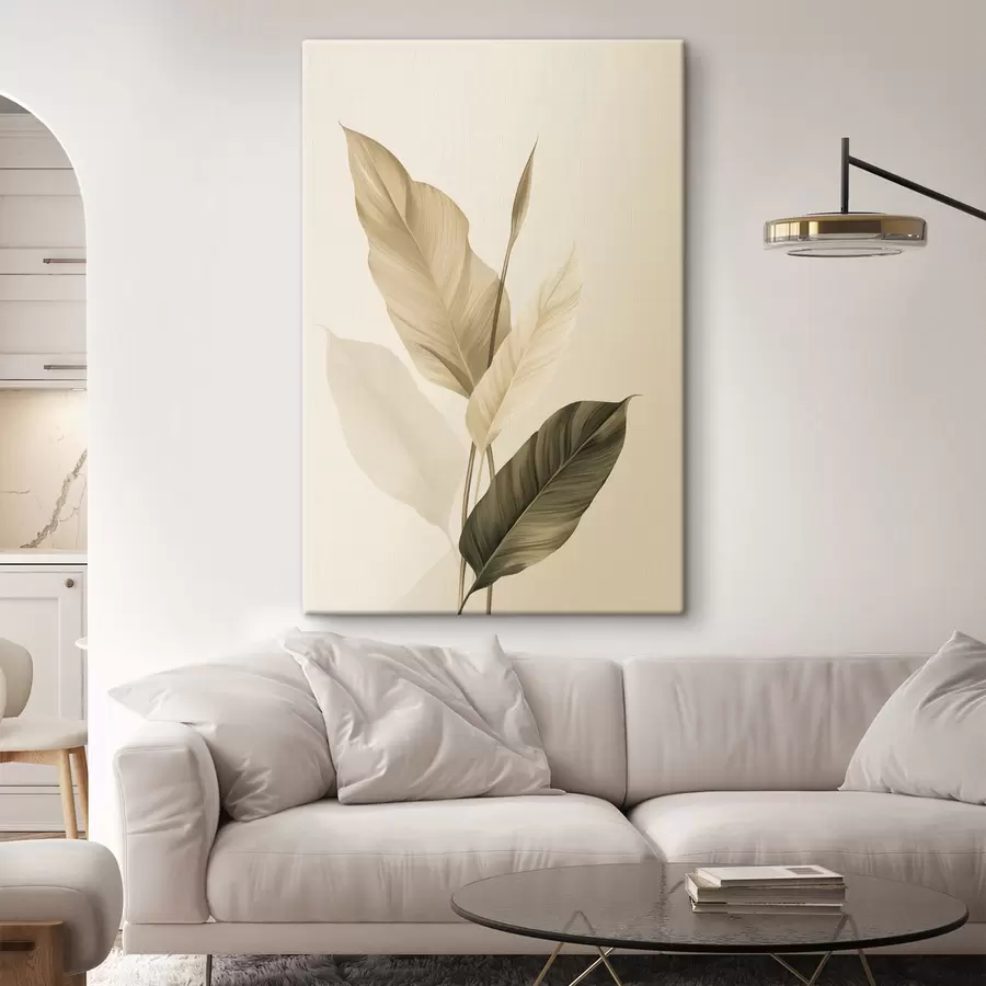 Wandbilder Große tropische Blätter in Beige- und Brauntönen, heller Hintergrund s48725