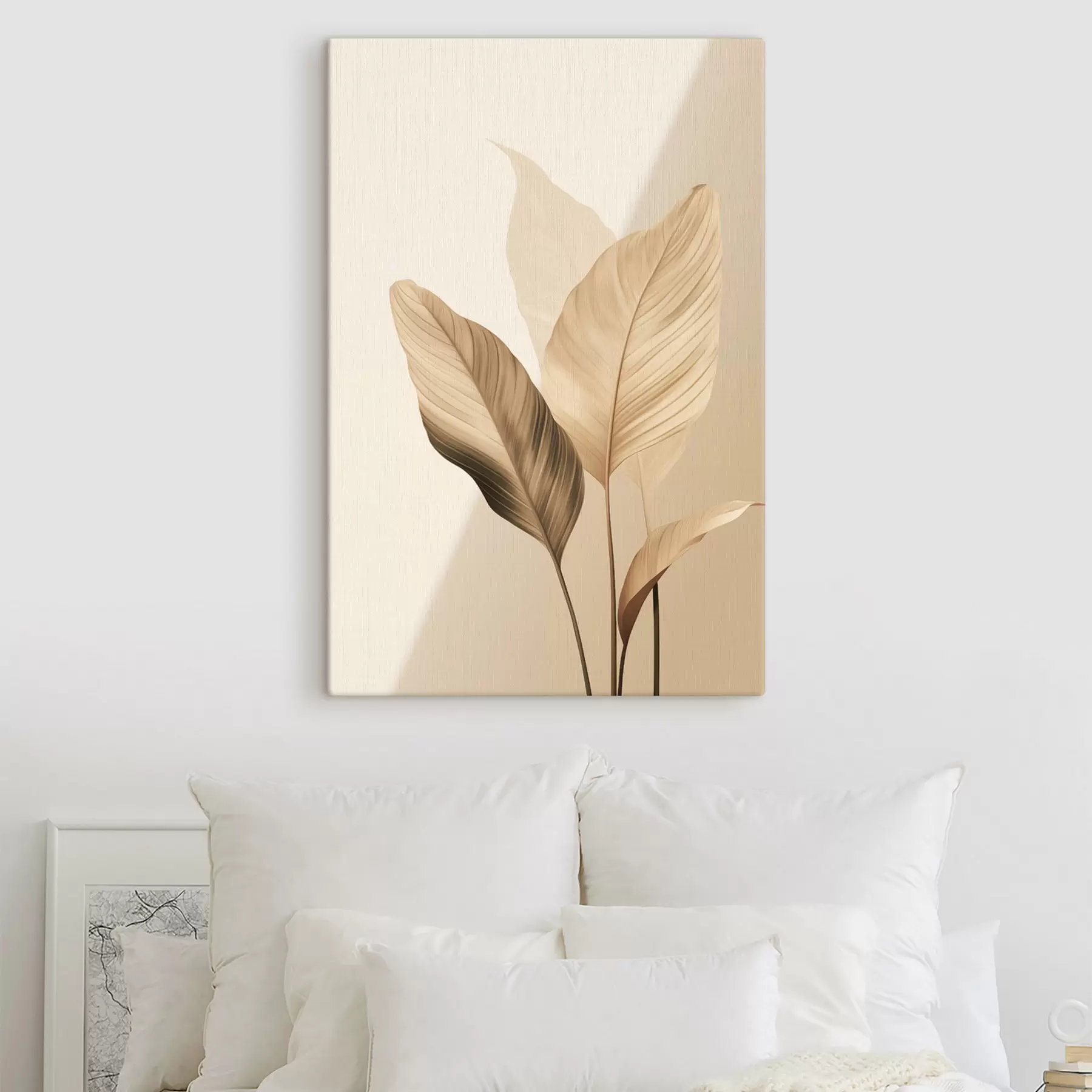 Wandbilder Große tropische Blätter in Beige- und Brauntönen, heller Hintergrund s48726