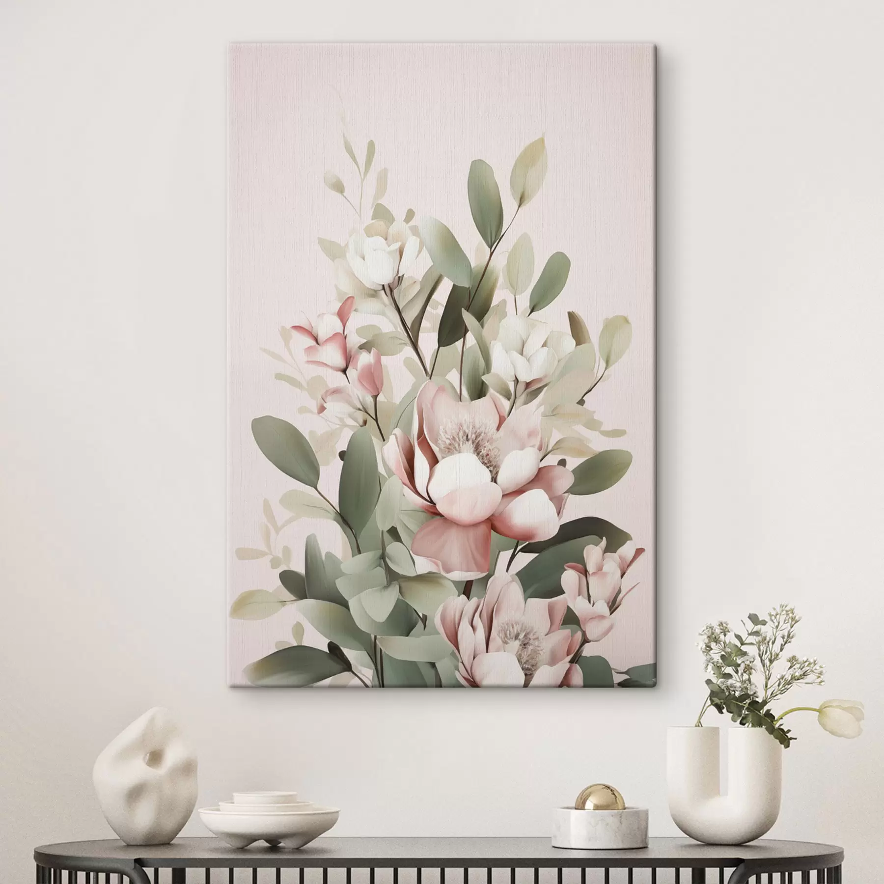 Wandbilder Ein Strauß pastellfarbener Blumen mit Eukalyptusblättern vor hellrosa Hintergrund s48727