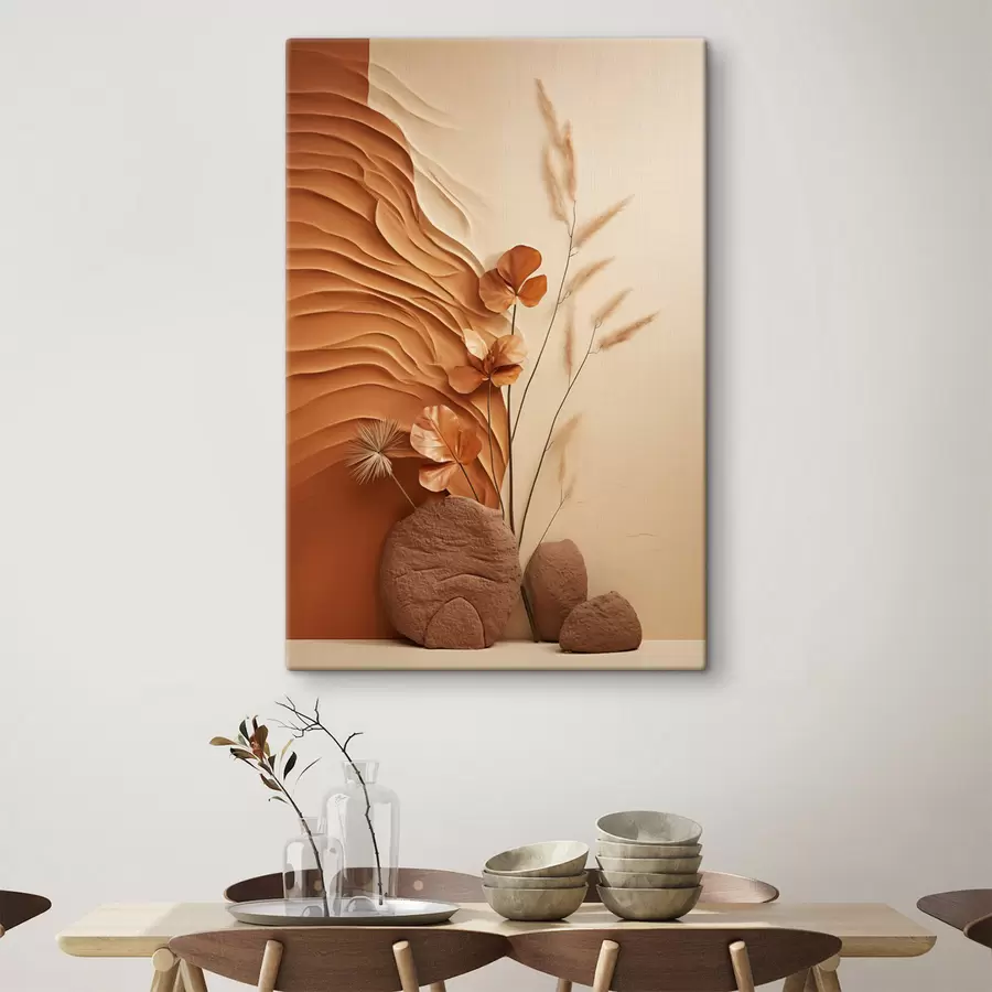 Wandbilder Ein minimalistisches Kunstwerk mit Trockenblumen und Pampasgras, strukturierter Hintergrund s48739