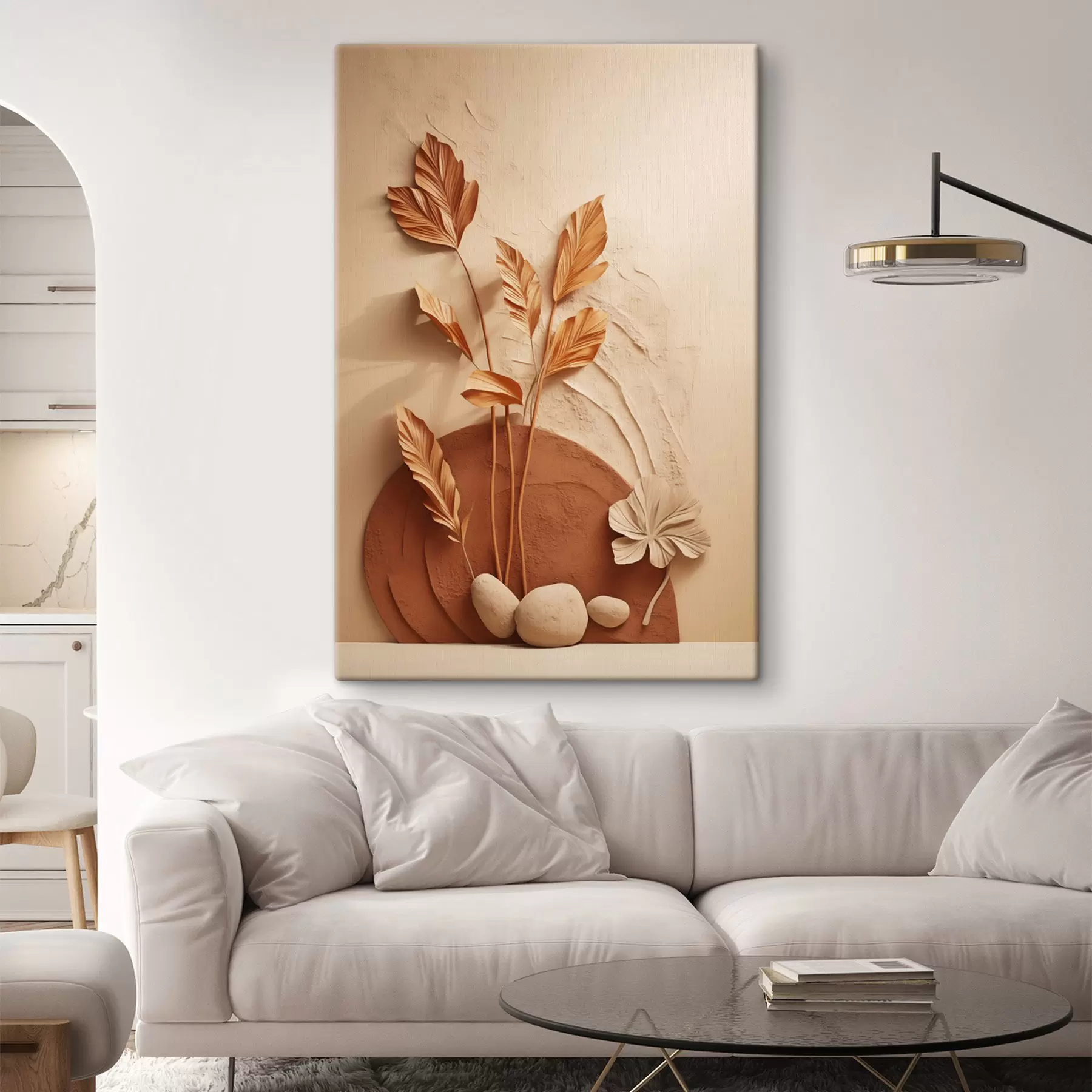 Wandbilder Ein minimalistisches Kunstwerk mit Trockenblumen und Pampasgras, strukturierter Hintergrund s48740