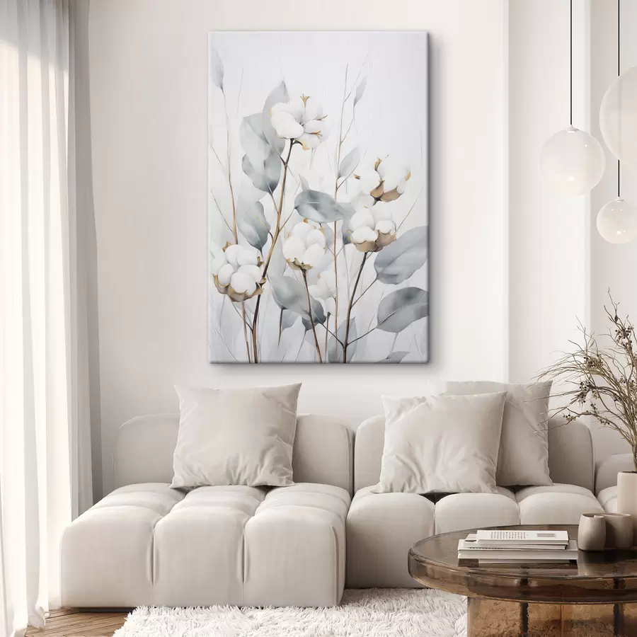 Wandbilder Eine weiße Baumwollpflanze mit hellblaugrünen Blättern vor einem hellen Hintergrund s48743