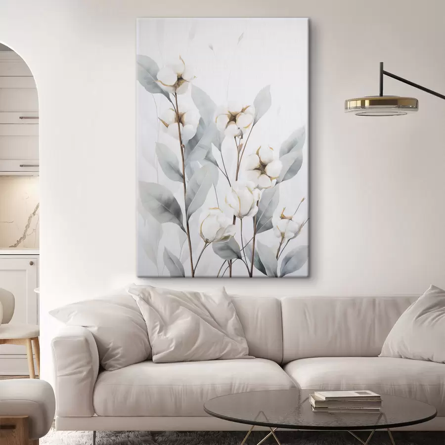 Wandbilder Eine weiße Baumwollpflanze mit hellblaugrünen Blättern vor einem hellen Hintergrund s48744