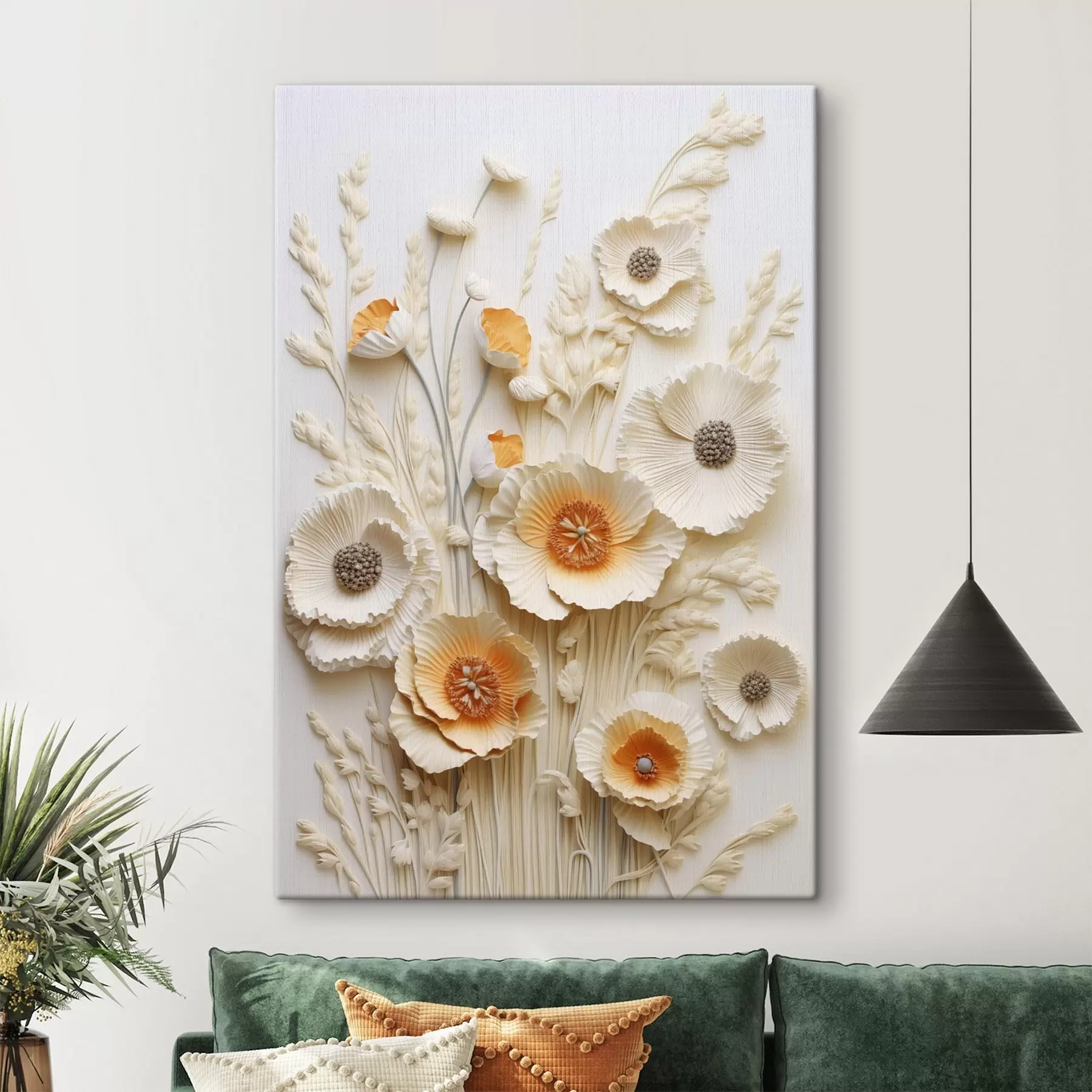Wandbilder Ein Strauß aus cremefarbenen und orangefarbenen Mohnblumen mit getrockneten Weizenhalmen s48747