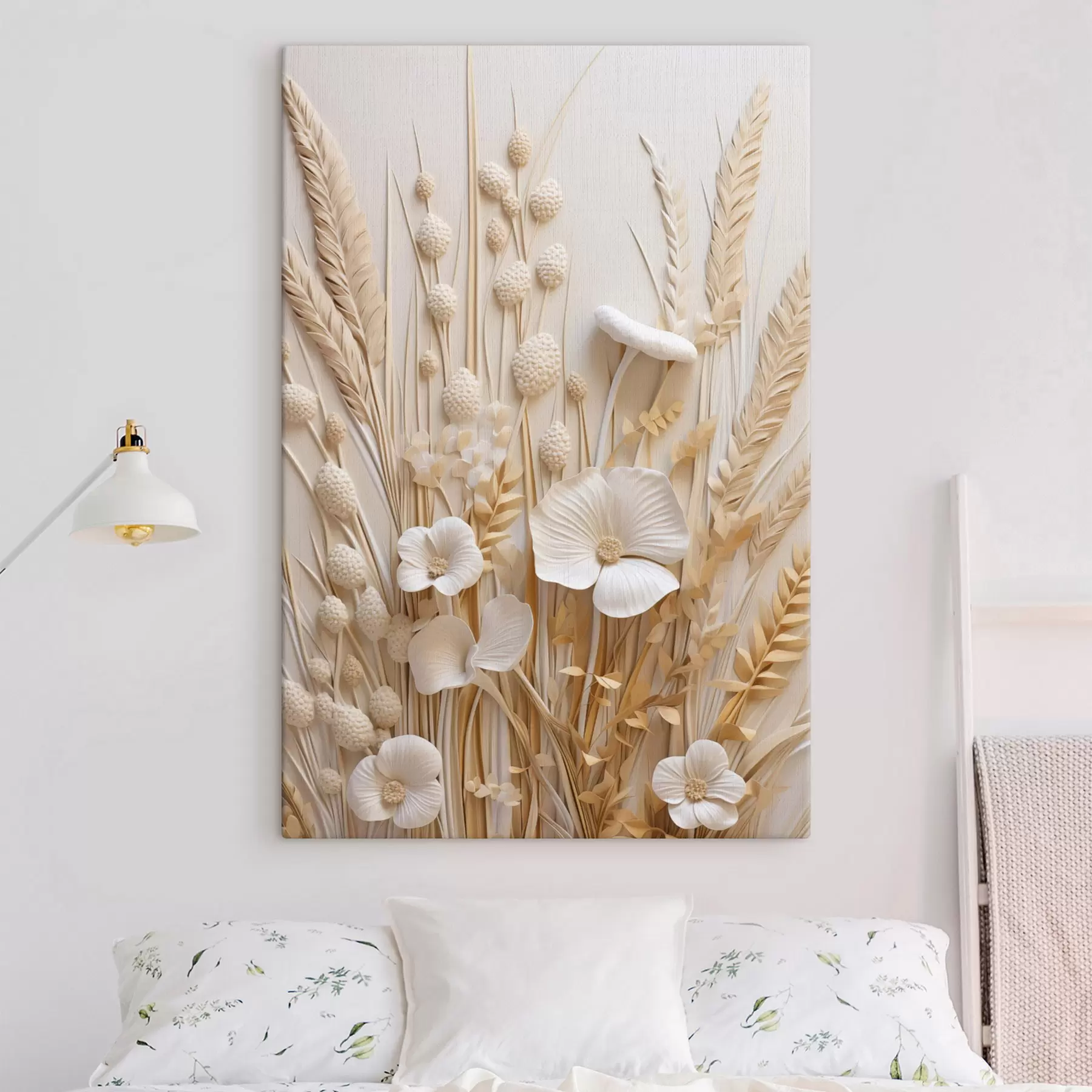 Wandbilder Ein Strauß cremefarbener Mohnblumen mit getrockneten Weizenhalmen s48748