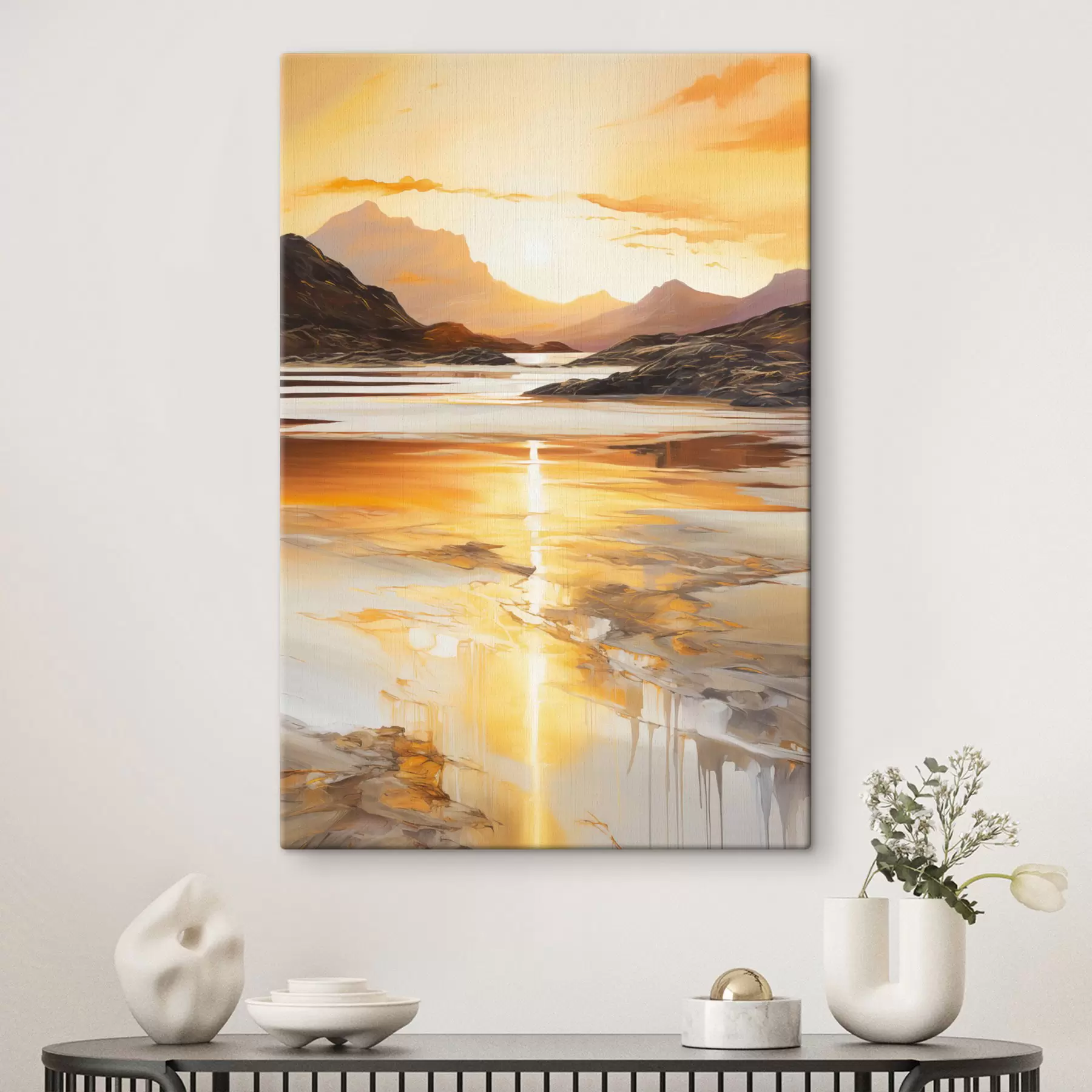 Wandbilder Eine Landschaft mit einem Fluss und Bergen unter einem warmen orangefarbenen Himmel, Sonnenuntergang s48755