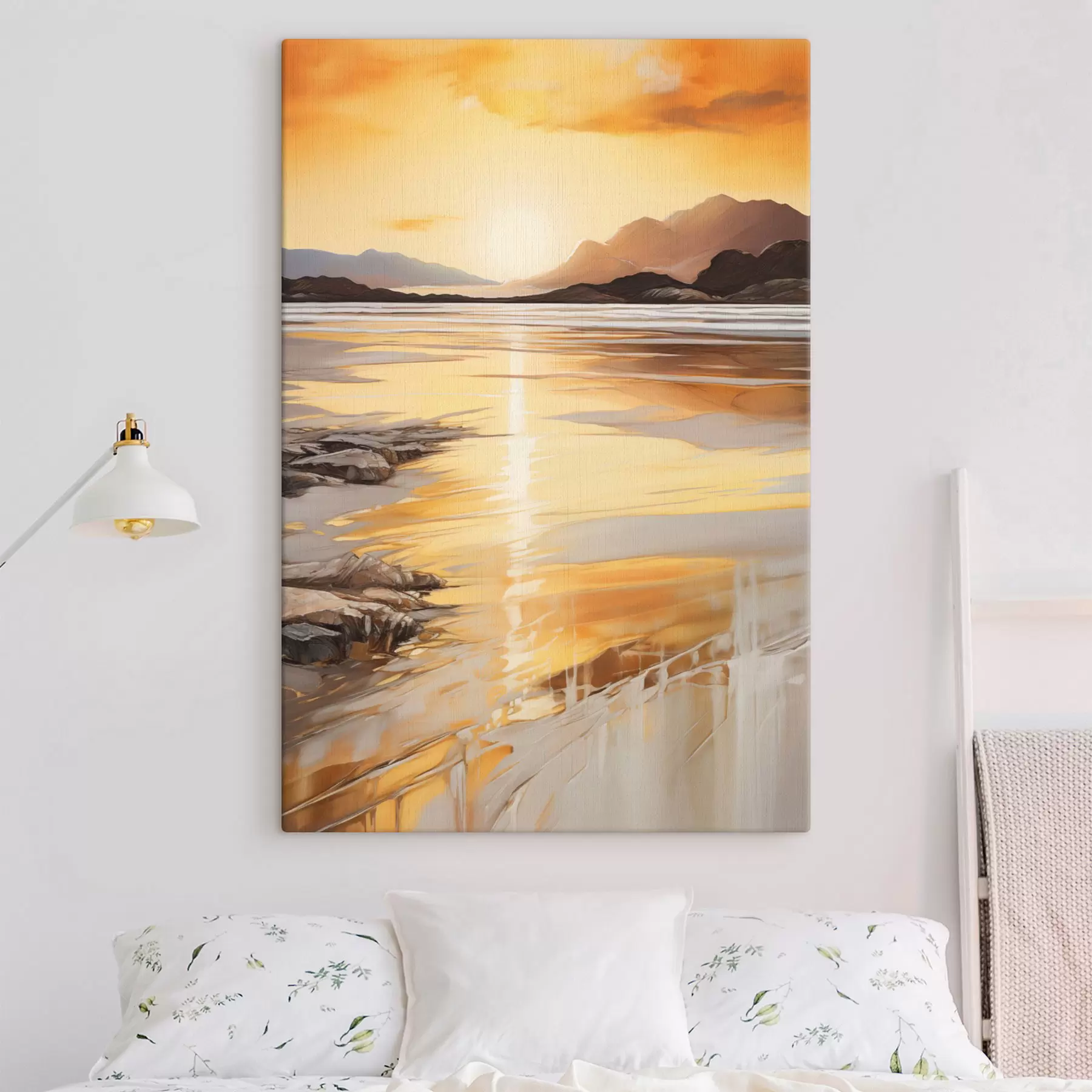 Wandbilder Eine Landschaft mit einem Fluss und Bergen unter einem warmen orangefarbenen Himmel, Sonnenuntergang s48756
