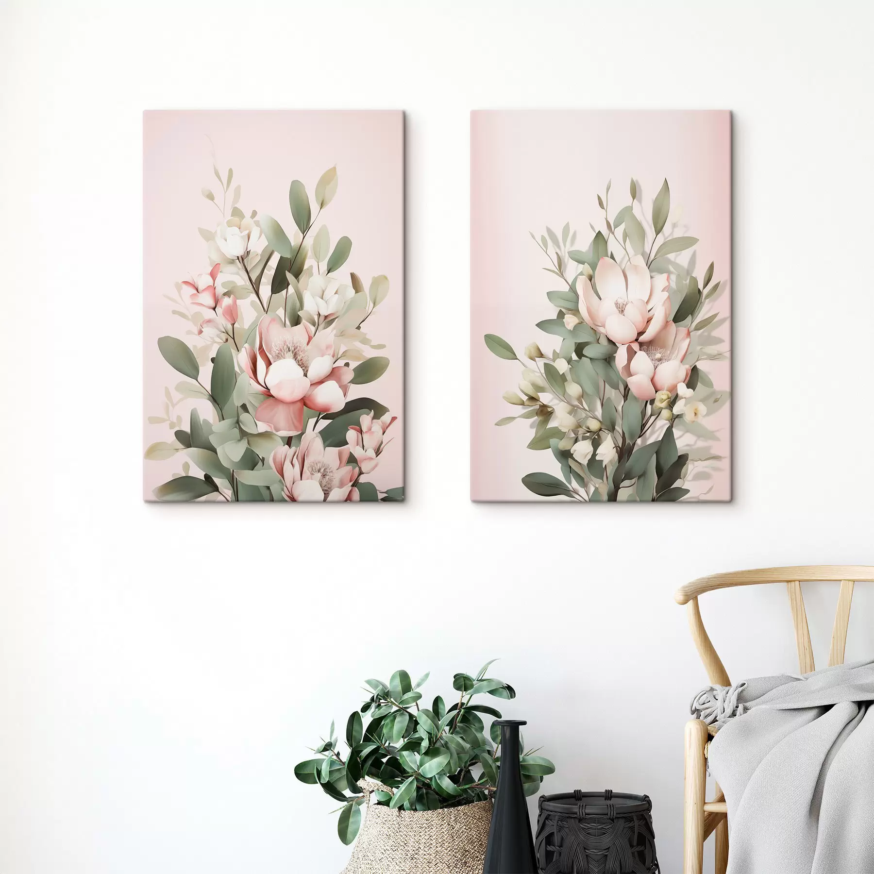 Wandbilder Ein Strauß pastellfarbener Blumen mit Eukalyptusblättern vor hellrosa Hintergrund m30314