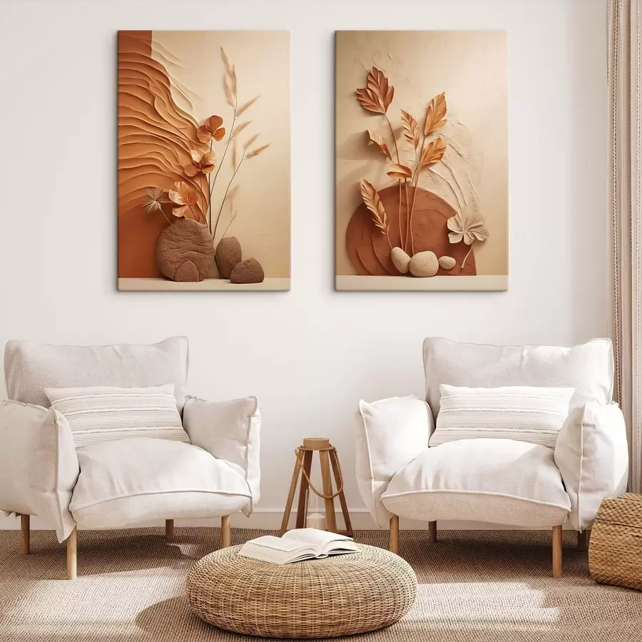 Wandbilder Ein minimalistisches Kunstwerk mit Trockenblumen und Pampasgras, strukturierter Hintergrund m30320