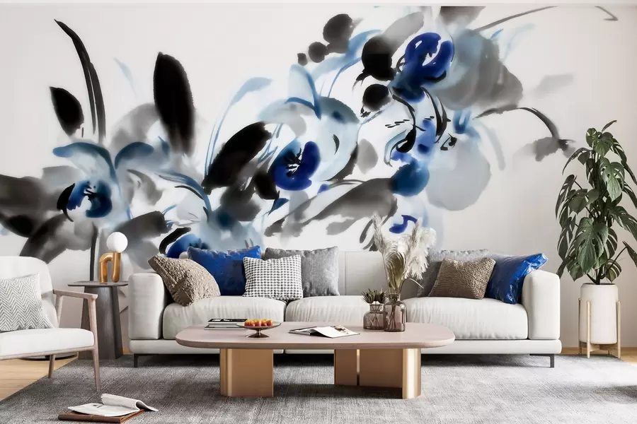 Fototapete Elegante, abstrakte Blumen im orientalischen Aquarellstil mit blauen und schwarzen Akzenten, Orchideen w09797