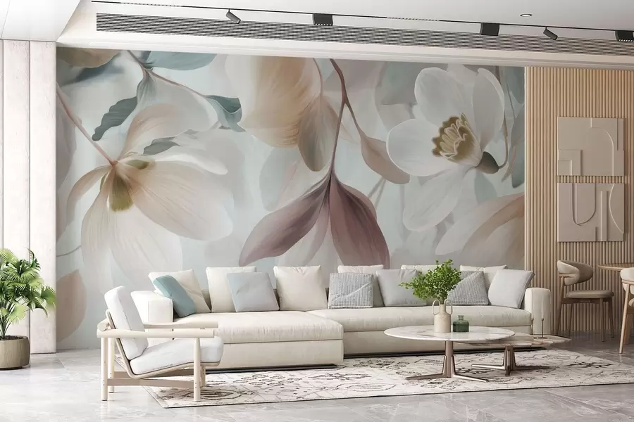 Fototapete eine zarte Komposition aus Blumen und Blättern in Pastelltönen w05240