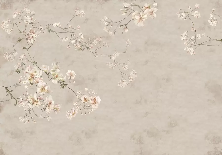 Fototapete Zarte Blumenranken im Chinoiserie-Stil auf hellem Hintergrund w05427