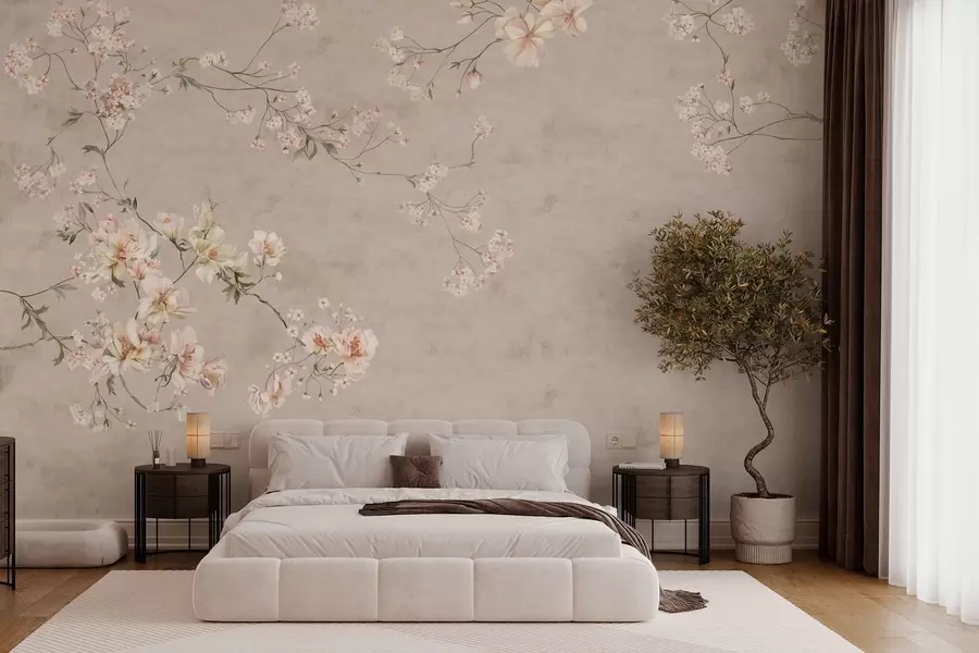 Fototapete Zarte Blumenranken im Chinoiserie-Stil auf hellem Hintergrund w05427