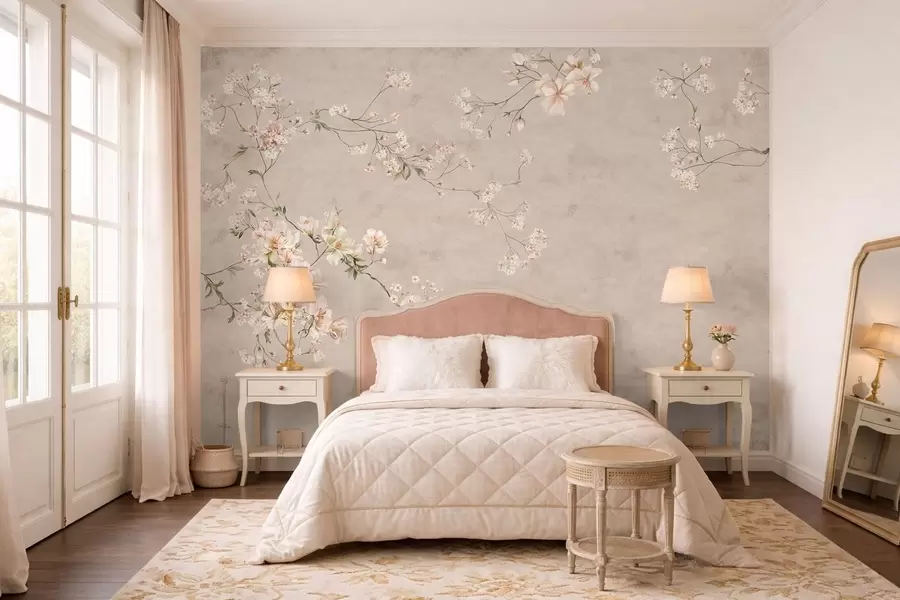 Fototapete Zarte Blumenranken im Chinoiserie-Stil auf hellem Hintergrund w05427