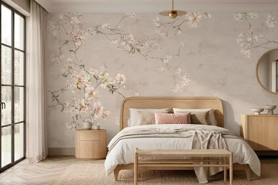 Fototapete Zarte Blumenranken im Chinoiserie-Stil auf hellem Hintergrund w05427