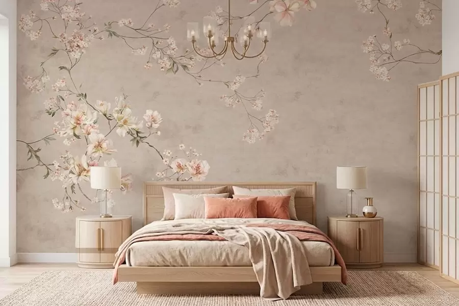 Fototapete Zarte Blumenranken im Chinoiserie-Stil auf hellem Hintergrund w05427