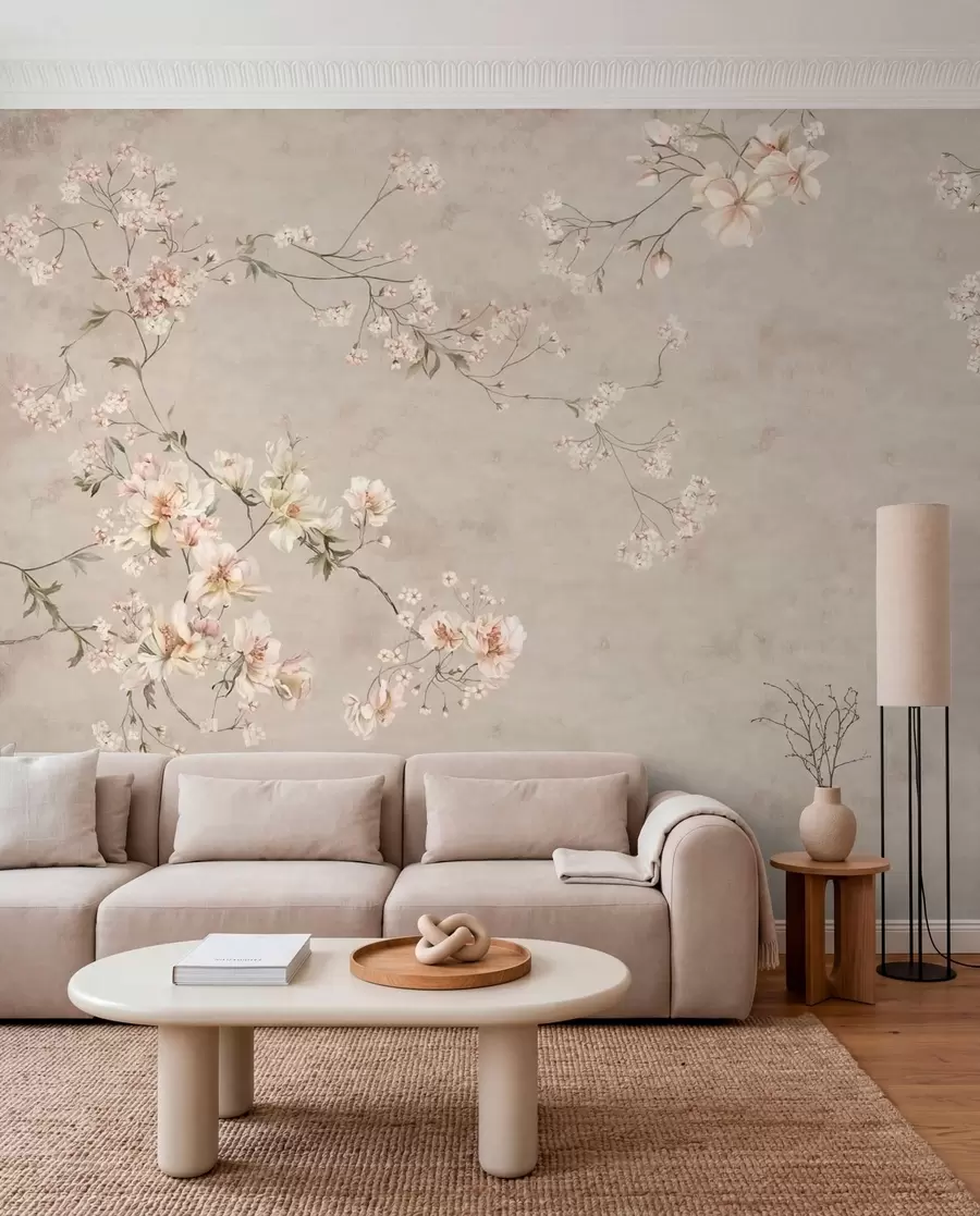 Fototapete Zarte Blumenranken im Chinoiserie-Stil auf hellem Hintergrund w05427