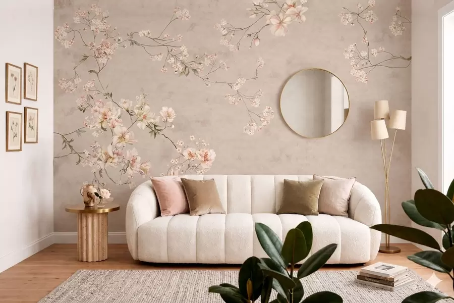 Fototapete Zarte Blumenranken im Chinoiserie-Stil auf hellem Hintergrund w05427