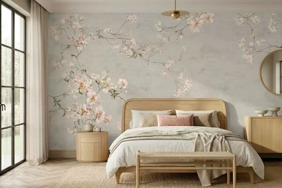 Fototapete Blütenzweige im Chinoiserie-Stil auf grauem Hintergrund w05427v1