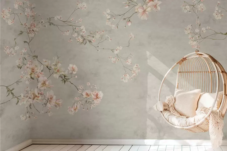Fototapete Blütenzweige im Chinoiserie-Stil auf grauem Hintergrund w05427v1