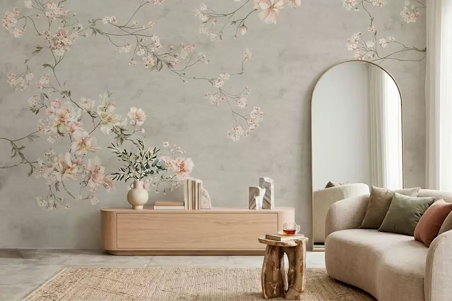 Fototapete Blütenzweige im Chinoiserie-Stil auf grauem Hintergrund w05427v1