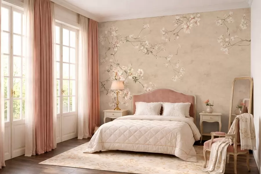 Fototapete Blütenzweige im Chinoiserie-Stil auf warmem beigem Hintergrund w05427v2