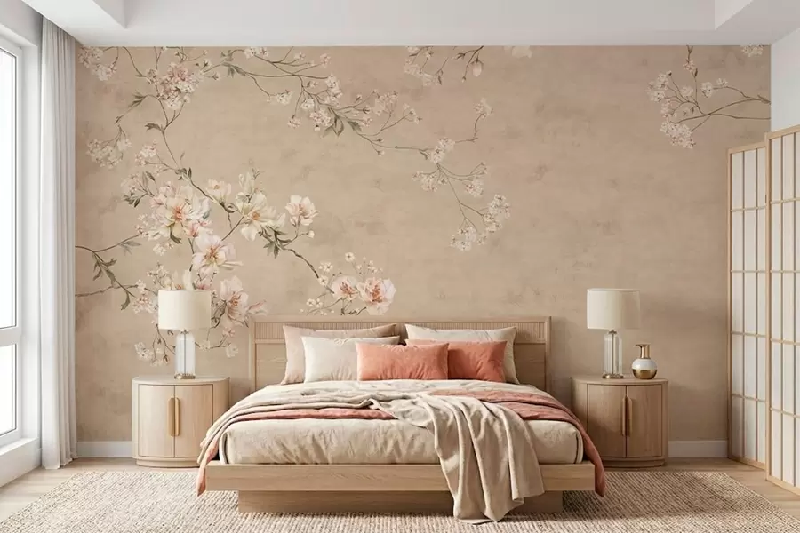 Fototapete Blütenzweige im Chinoiserie-Stil auf warmem beigem Hintergrund w05427v2