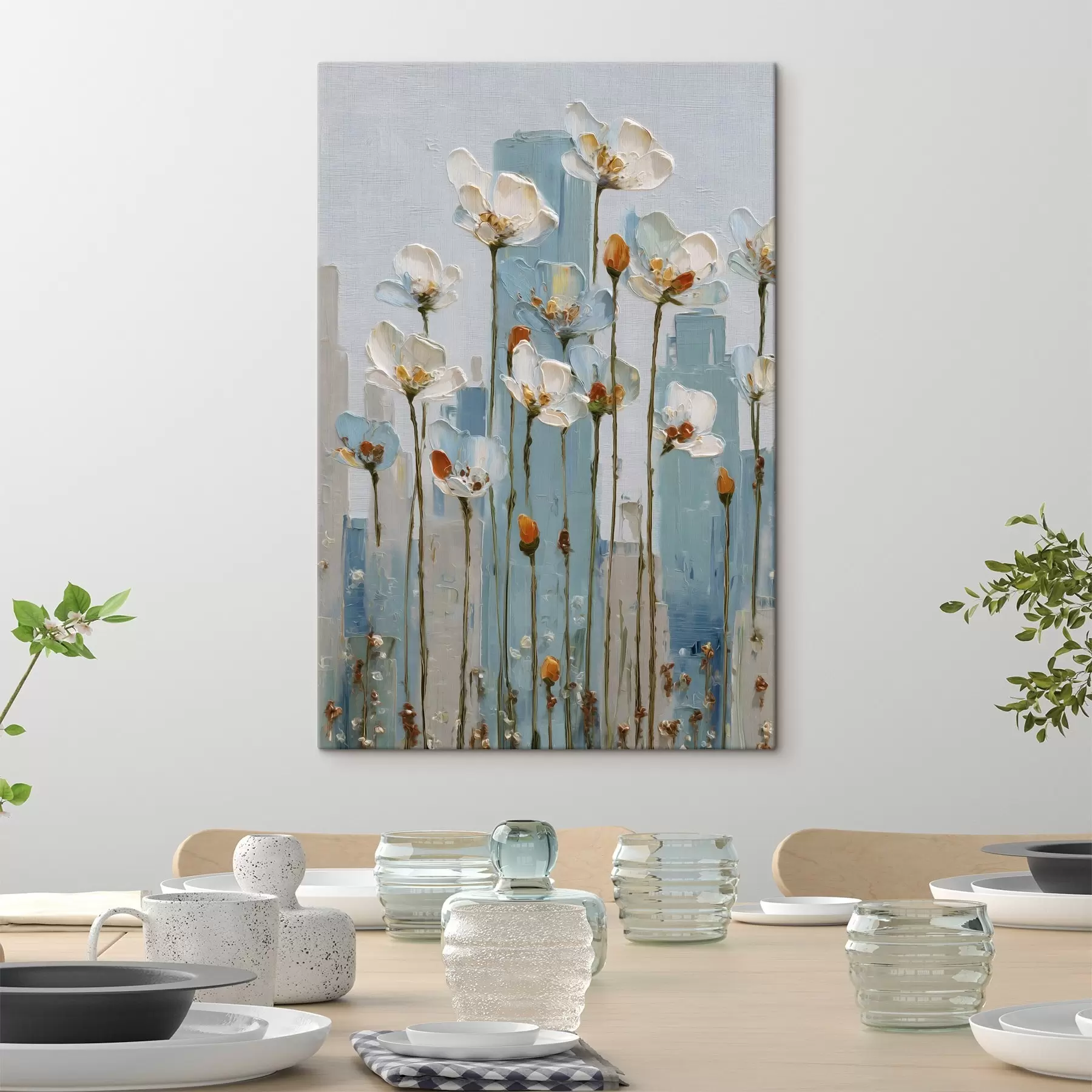 Wandbilder Blumen vor einer städtischen Kulisse, im Stil eines Ölgemäldes s48785